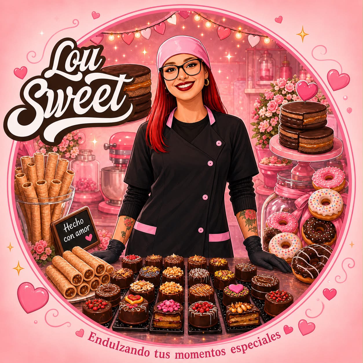Lou, fundadora de Lou Sweet, junto a sus alfajores y dulces artesanales