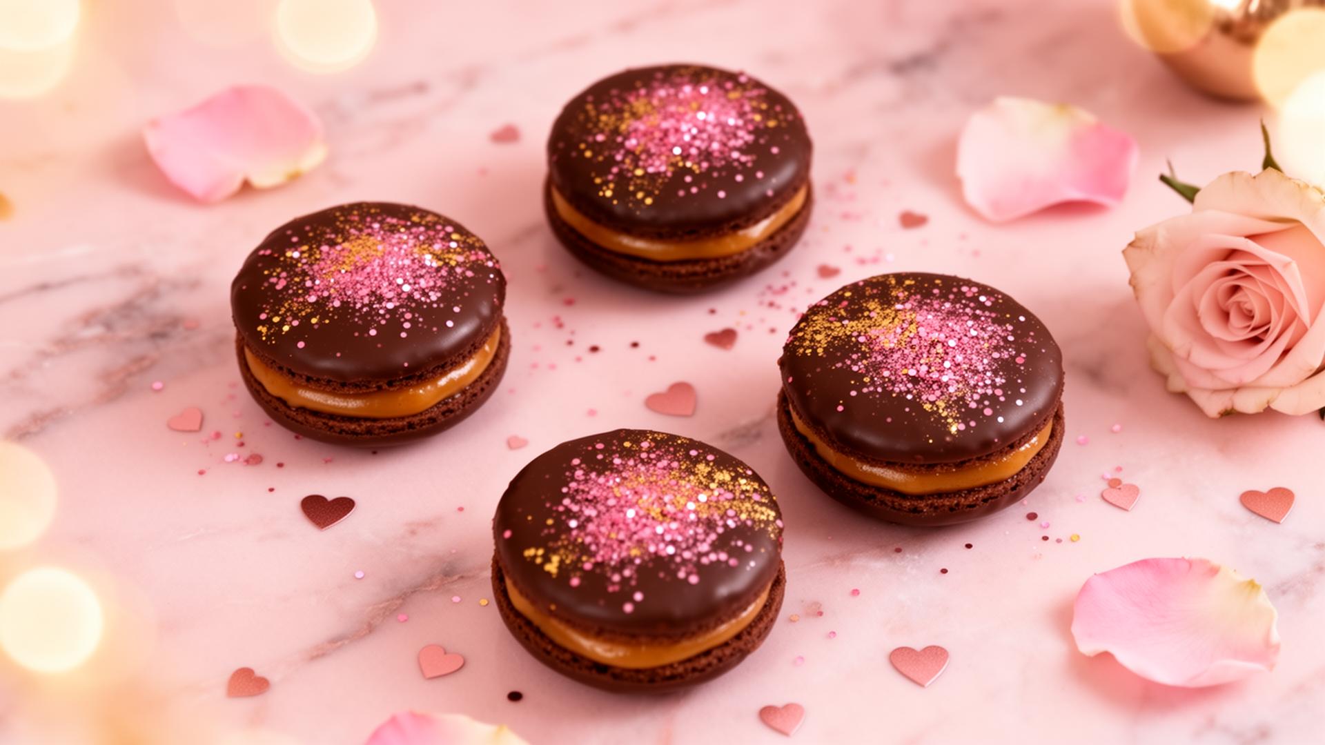 Alfajores artesanales decorados con purpurina rosa y dorada sobre mármol
